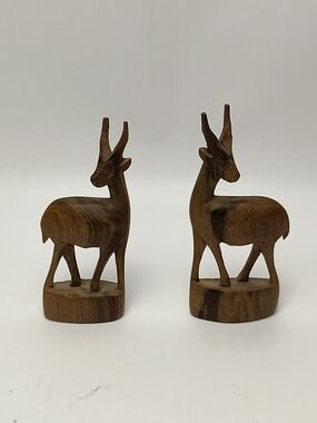 Hand Carved Wooden Deer Pair - Brown Vintage -Made In Kenya